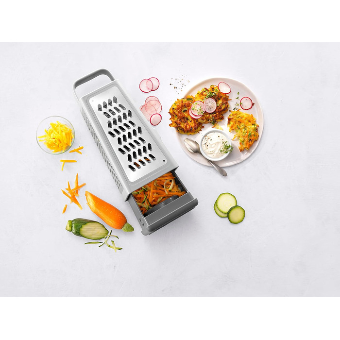 Терка кухонна ZWILLING Z-Cut, 4 насадки, нерж. сталь, з контейнером, для овочів, сиру, картоплі, пармезану, двостороння, 26×11×11 см, підходить для посудомийки, сіра