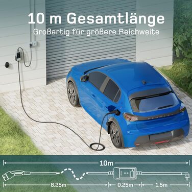 Кабель зарядки для електромобіля тип 2 Schuko 3,7kW (6-16A, 1-фазний) з LCD дисплеєм, 10м. Підходить для ID.3/4/5/7, Model Y/3, ENYAQ та інших PHEV/EV