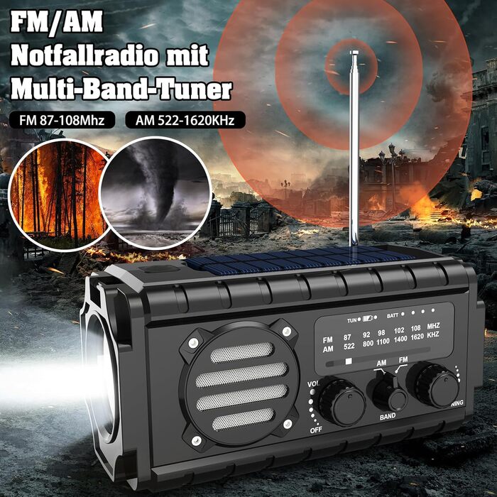 Портативне радіо на сонячній енергії 20000mAh з ручним генератором, AM/FM, LED ліхтарик, SOS-сигнал для надзвичайних ситуацій, Outdoor