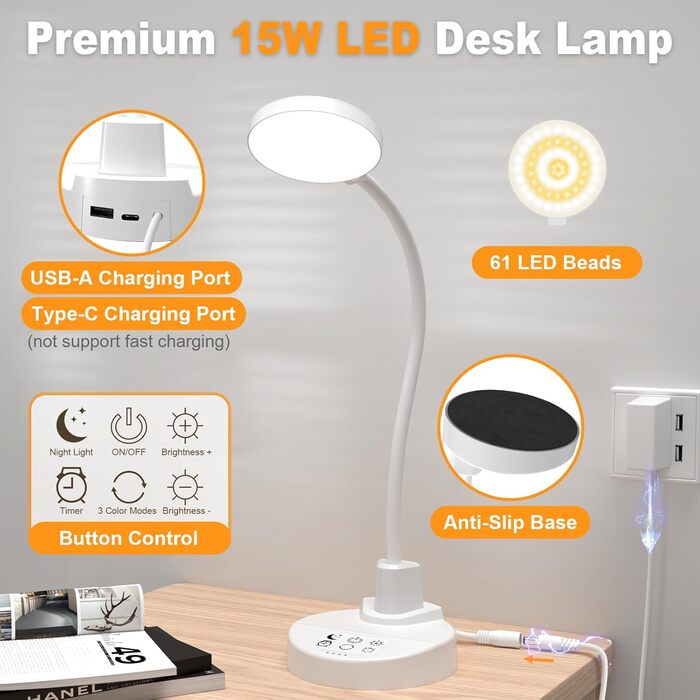 LED лампа настільна 15W з USB-A та USB-C – диммування, 3 колірні температури, 5 рівнів яскравості, таймер, гнусий 360° шийка, захист очей, для офісу та спальні (біла, 3.5 дюйма)