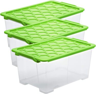 Rotho Evo Safe Keeping Storage Boxes with Lid, Plastic, Turquoise/Transparent (3-Piece Set of 44L Storage Boxes with Lid)