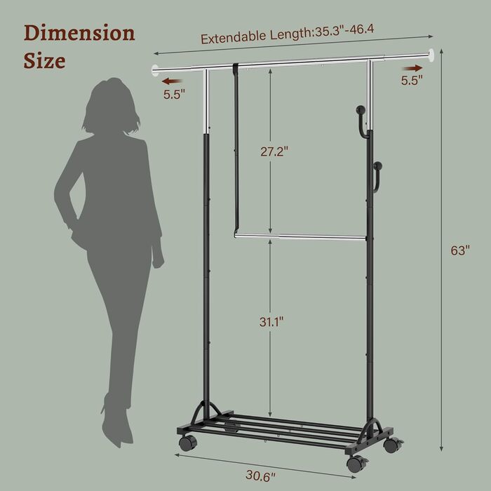 Кледірстанцер FAVOOOSTY на колесах, мобільний, металевий, регульований, чорно-білий, 89.50×39.00×161.20 см