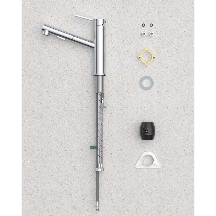 Змішувач кухонний DAYONE з висувною лійкою, нержавіюча сталь, 3 режими, 360° обертання, для кухонної мийки (15 см), матовий (хром, низький вигин-337)