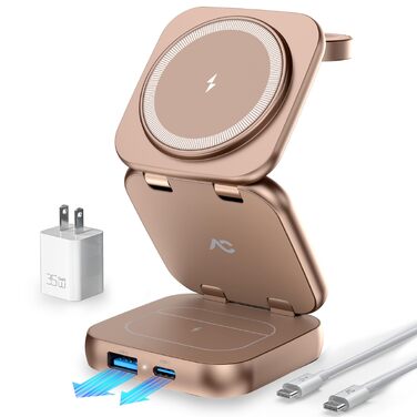 Бездротова зарядна станція 5 в 1 AC Island для iPhone 17/16/15/14/13/12, Apple Watch 11/Ultra та AirPods Pro, MagSafe, складана, срібляста (з адаптером 35W)