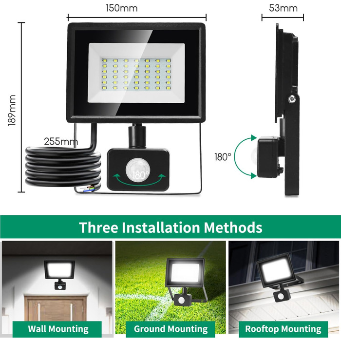 Aigostar 20W LED Flood Light with Motion Sensor Outdoor, 1650LM 6500K Cool White Outdoor Floodlight, IP65 Waterproof Spotlight, Outdoor Light for Garden, Courtyards, Garage, Hotel, 2PC (30W, 2PC)