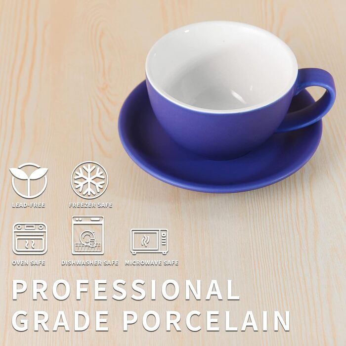 Набір кавових чашок каппучіно Yundu 4 шт. по 300 мл – керамічні чашки з блюдцями, матова палітра темних відтінків для латте-арт та бариста, великий набір мока чашок та блюдцят у змішаних матових кольорах