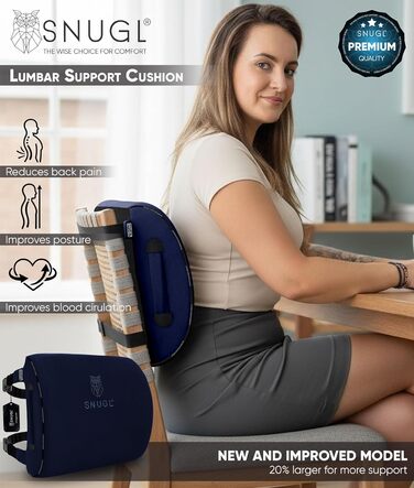 Подушка для попереку SNUGL для офісного крісла, ортопедична подушка з піни Memory Foam для підтримки спини, коректор постави для жінок та чоловіків, автомобільна подушка (Темно-синій)