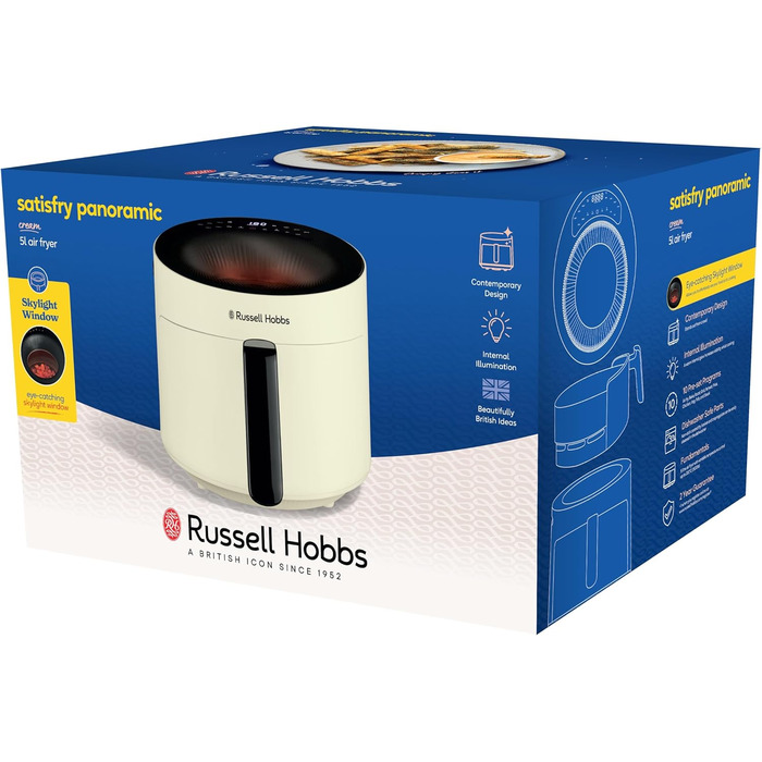 Russell Hobbs Hot Air Fryer 5L [10 Programs | with Viewing Window] AirFryer (Oil-free Frying, Frying, Grilling, Roasting, Baking, max 200°C, Dishwasher Safe, Cream) SatisFry Panoramic 27421-56
