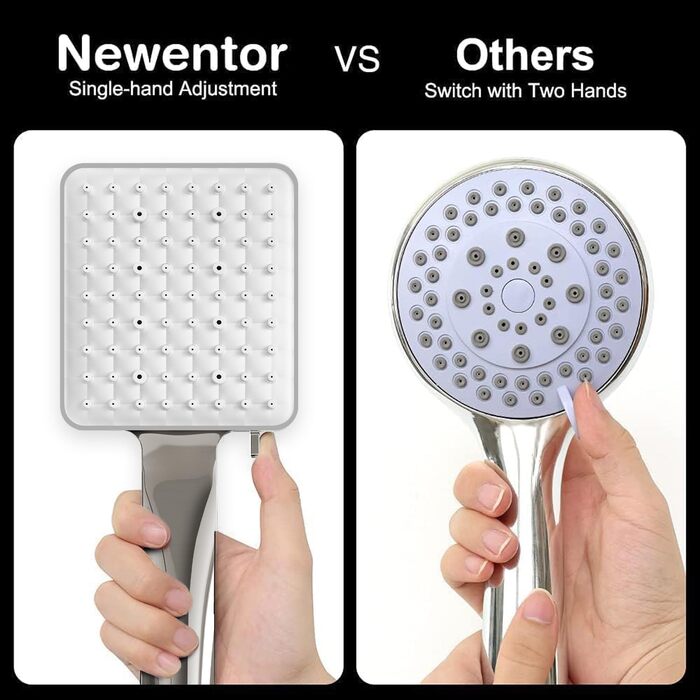 Душова лійка Newentor зі шлангом 1,5 м, високий тиск, 6 режимів, срібна (з золотим душовим краном)