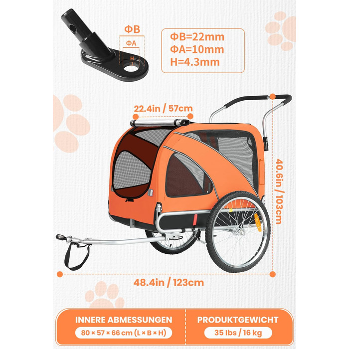 SEPNINE® Велосипедна причепа для собак XL, 2-в-1: причеп та візок для собак з відбивачами та гальмом, матеріал: 600D Oxford Canvas, максимальне навантаження 40 кг, помаранчевий колір