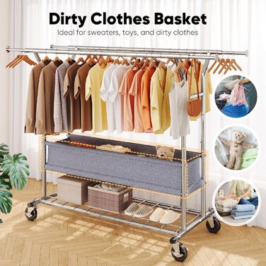 Вішалка для одягу HOKEEPER на коліщатках, вантажопідйомність 204 кг, висувна штанга для одягу