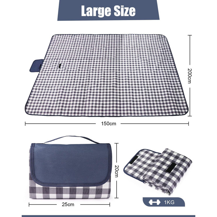 Плед для пікніка LIVEHITOP водонепроникний XXL (150x200 см) синій в клітку - для пляжу, кемпінгу, парку, BBQ