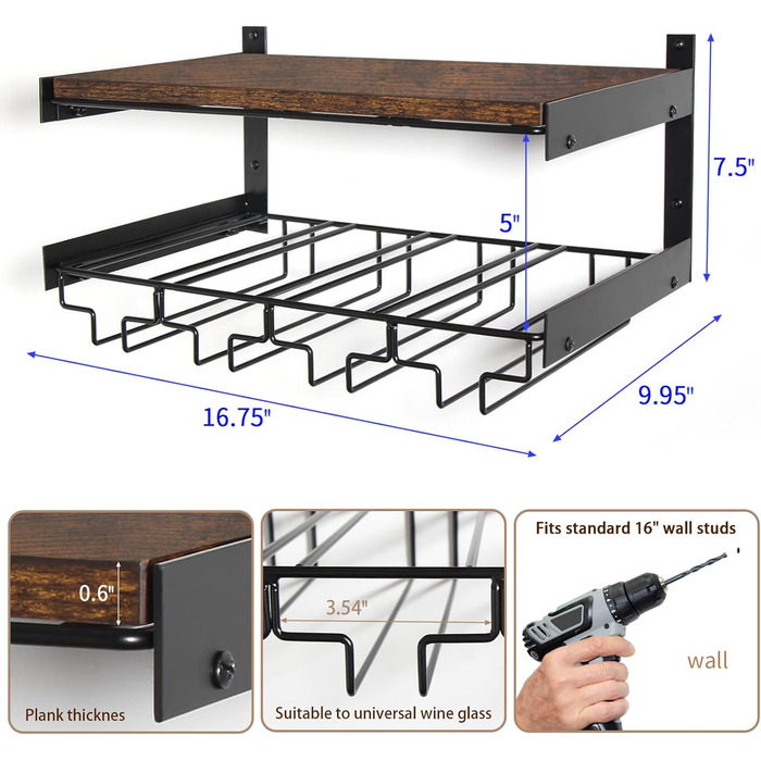 B4Life Wall Mounted Wine Racks, Stemware Holder Wall Mount with Stemware Hangers Modern Wine Display Storage Holder for Kitchen Dining Room Bar - Holds 8 x Glasses and 7 x Wine Bottles