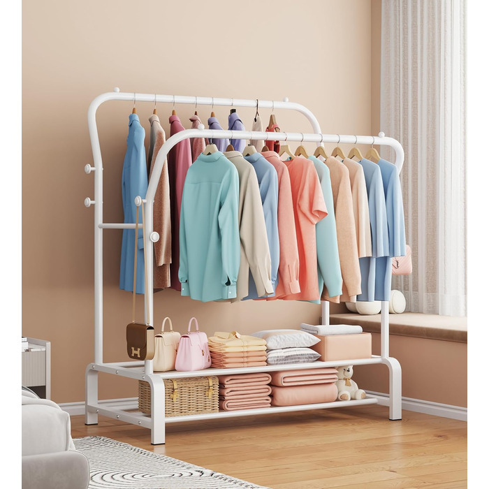 Вішалка для одягу металева подвійна з гачками та полицею для взуття, біла - Stabil