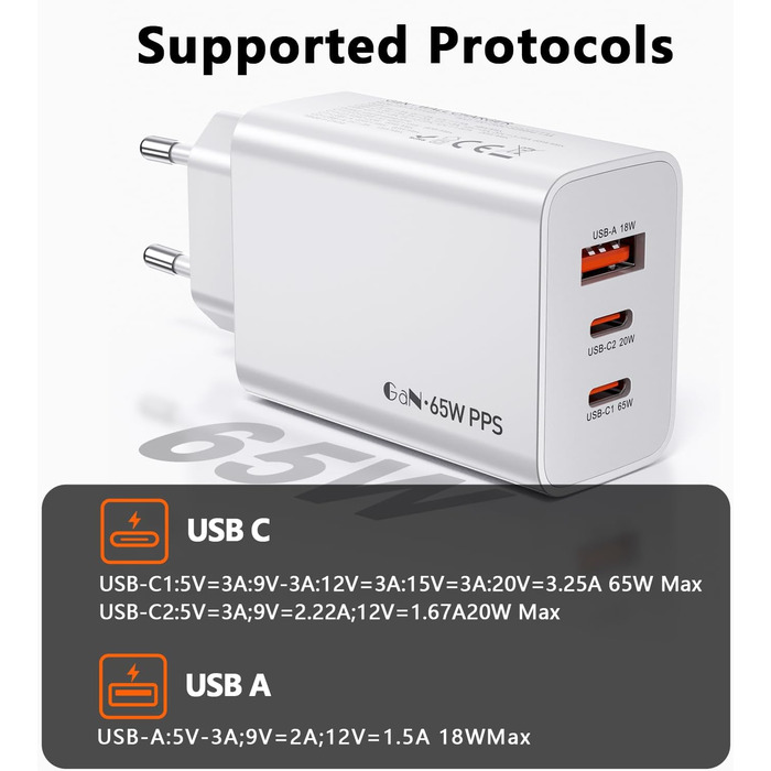 Зарядний пристрій USB-C 50W, 5 портів: 2 USB-C та 3 USB-A, Power Delivery 3.0, швидка зарядка для iPhone, Samsung, телефонів, планшетів - Бежевий