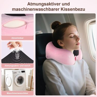 Подушка для шиї в літак та автомобіль з ефектом пам'яті (Memory Foam), набір для подорожей з маскою для сну, берушами та сумкою, рожева