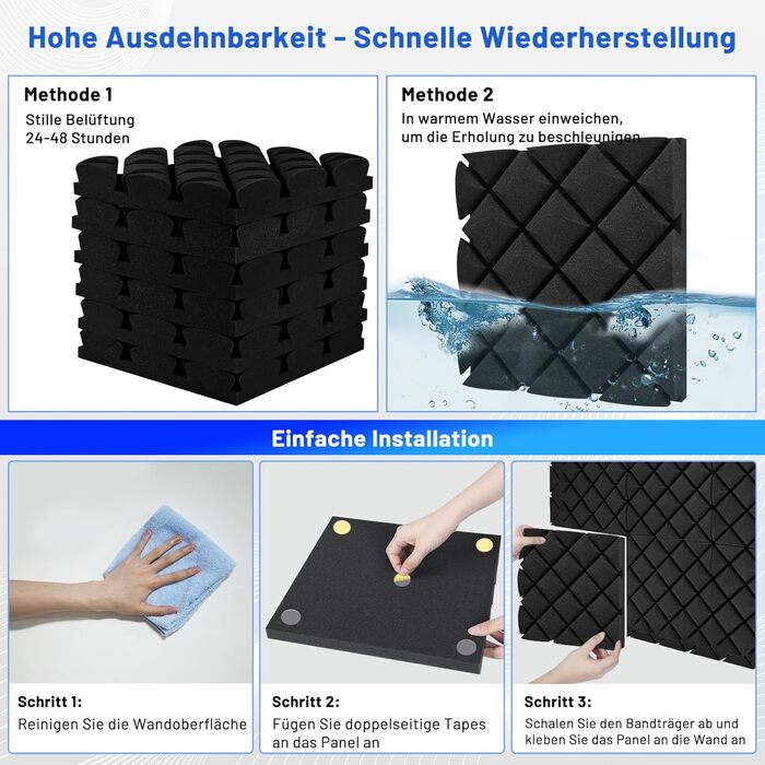 Акустичний поролон для звукоізоляції, шумопоглинаючі панелі 30x30x7.5 см, самоклеючі звукоізоляційні плити (24 шт) + 150 двосторонніх клейких подушок