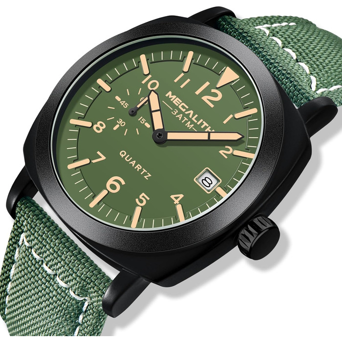 MEGALITH Годинник чоловічий Military Sport Outdoor, водонепроникні з шкіряним ремінцем, сталевий корпус, велике циферблат, з підсвічуванням, календар, дата, кварцові, чоловічі годинники
