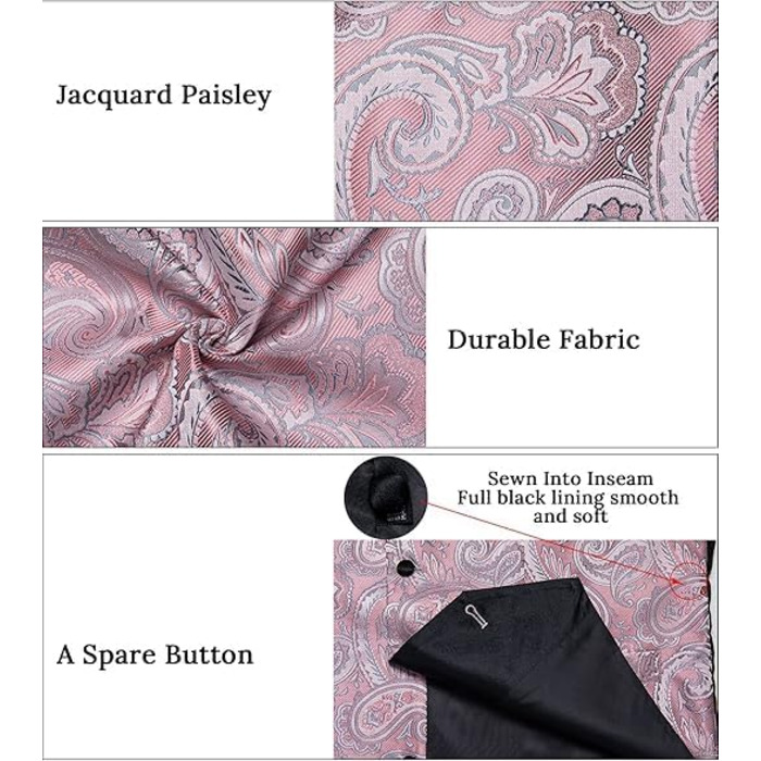 Костюмний жилет DiBanGu (5 шт.): жилет, краватка, нагрудна хустинка, запонки, кільце для краватки. Зелений/Чорний (M, Рожевий)