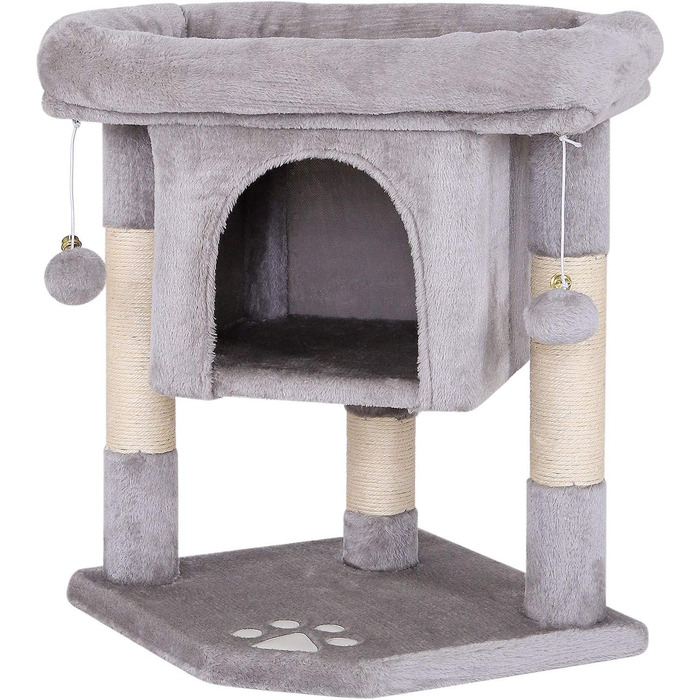 Lionto Scratching Post for Cats with Cave & 2 Plush Balls including Bell, Height 60 cm, Cat Tree with Robust Sisal Rope & Soft Plush, Cozy Lying Area, for Small & Large Cats, Light Grey
