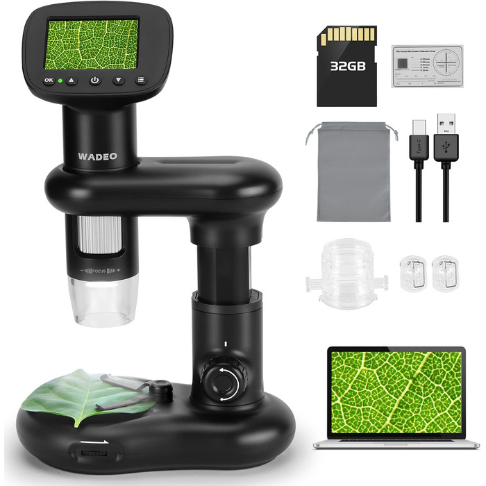 Цифровий мікроскоп WADEO USB HD з 50x-1600x збільшенням, портативна інспекційна камера, кабельне ручне збільшення з 8 LED та стійкою, сумісний з iOS, Android та планшетами (2 дюйми)