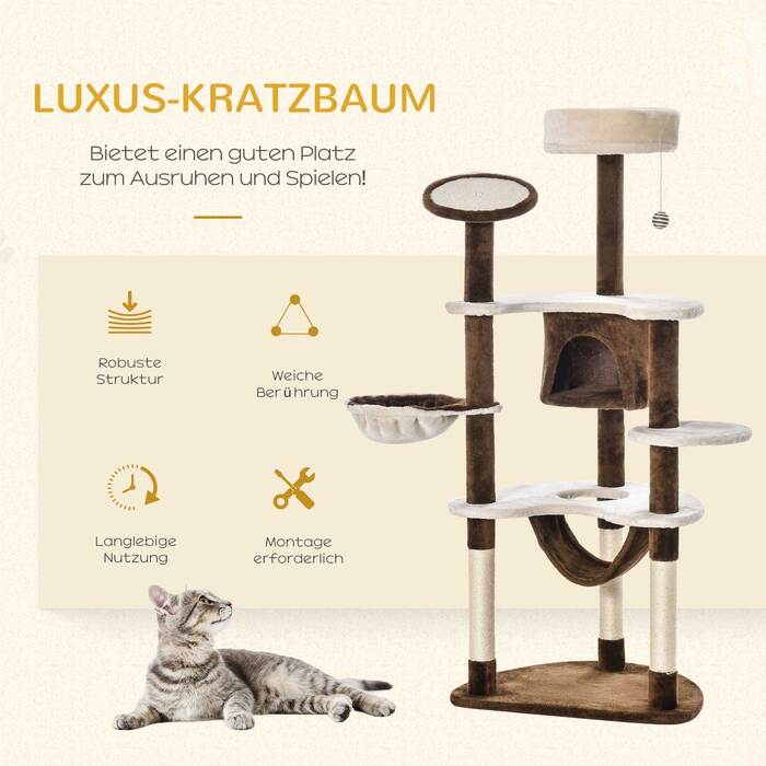 PawHut Дерев'яний будиночок для котів XXL, 153 см у висоту з котячою печерою, гамаком, комплексом для лазіння. М'який, коричневий, для гри та відпочинку.