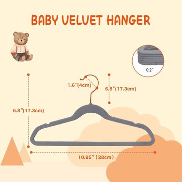32 шт. велюрові вішалки для дитячого одягу Stormix, 28 см, сірі, з антиковзким покриттям та гачками рожевого золота