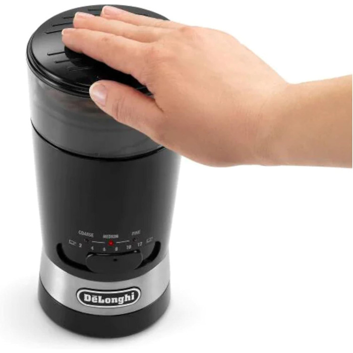 Кавомолка De'Longhi KG210 – електрична для цілих кавових зерен, спецій та горіхів, з нержавіючої сталі, 170 Вт, пластик, чорний колір