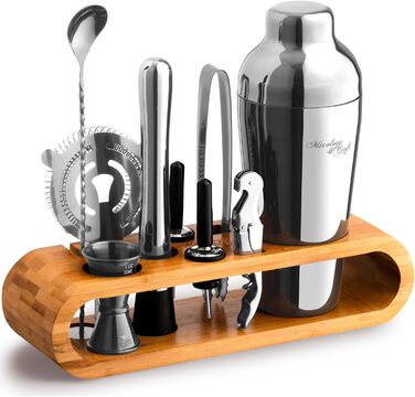 Stainless Steel Cocktail Shaker Set - 10 Piece Mixology Set with Bamboo Stand - Silver Bar Accessories Gift Set