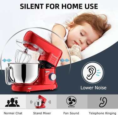 Кухонна машина для замішування тіста 2000W з чашею 6.5л з нержавіючої сталі, 6 швидкостей, з міксером, гаком для тіста, вінчиком та захистом від бризок (червона)