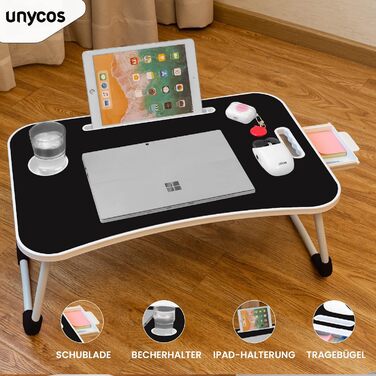 Столик-піднос UNYCOS розкладний з ручкою та тримачем для напоїв, 60x40x26 см (Кістковий білий) з шухлядою