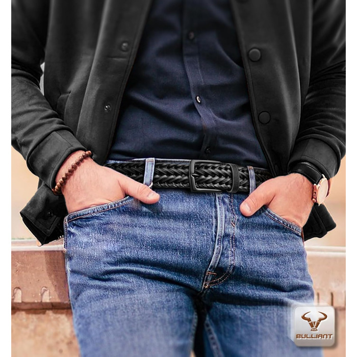 Чоловічі ремені BULLIANT 2 шт. в наборі, плетені шкіряні ремені для гольфу, повсякденного носіння та джинсів, 3,5 см, регульована довжина 120 см (36'-40'), чорний/світло-коричневий, 8115
