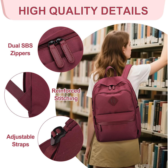 Рюкзак RAVUO для чоловіків та жінок, 15.6 дюймів, водонепроникний, для підлітків, для школи, подорожей, роботи, чорний, бордовий