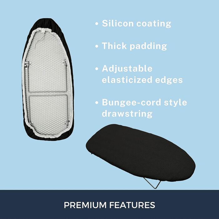 Smart Ironing Board Cover and Pad - Standard Size, fits small mini-boards, easy placement, extra thick padding, elastic cord, heat-reflective (black, 31.8 x 76.2 / 12.5