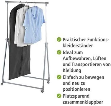 WENKO Clothes Rack Folding, Clothes Storage with Adjustable Clothes Rail and Wheels, Plastic/Metal, 88 x 100-168 x 11-49 cm, Chrome/Grey