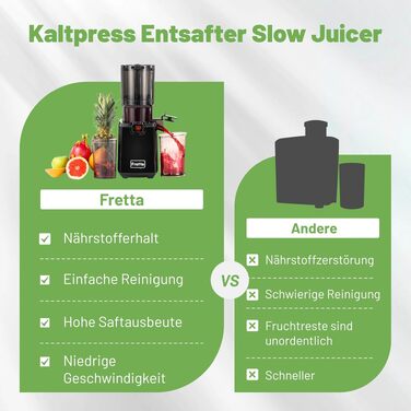 Шнекова соковижималка Fretta Slow Juicer для овочів та фруктів, матово-чорна