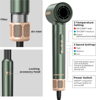 Airstyler Pro 7-в-1: Фен-щітка, плойка, випрямляч, стайлер для волосся Atopskins, 11000 обертів, з насадкою-дифузором, для створення об'єму, локонів та випрямлення, зелено-золотий