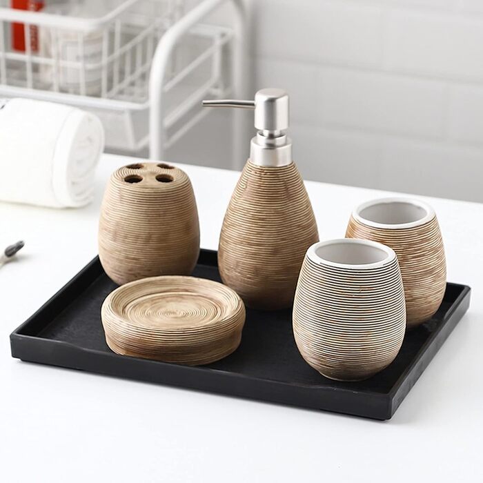 Набір аксесуарів для ванної кімнати Tauzveok з кераміки, 6 предметів: дозатор мила, тримач для зубних щіток, мильниця, стаканчик та підставка. Колір: коричневий.