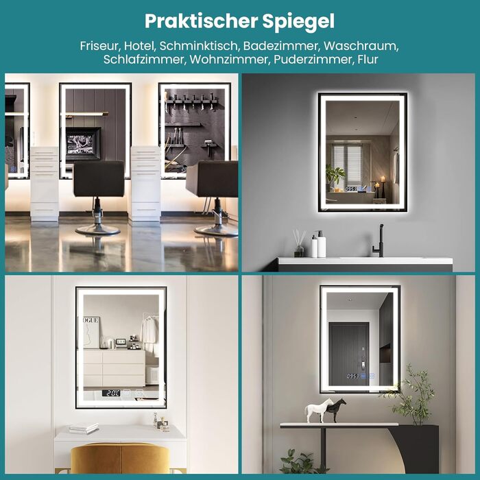 Дзеркало YOURLITE з підсвічуванням 70x50 см, LED дзеркало для ванної кімнати з сенсорним вимикачем, годинником, 3 кольори світла, регулювання яскравості, антизапарник, пам'ять, срібний (чорний, 80x60 см)