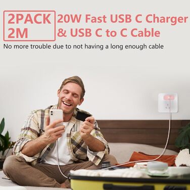 Зарядний пристрій USB-C 20W з кабелем Type-C 2м для iPhone 16/15/Pro/Air (Рожевий) - 2 шт.