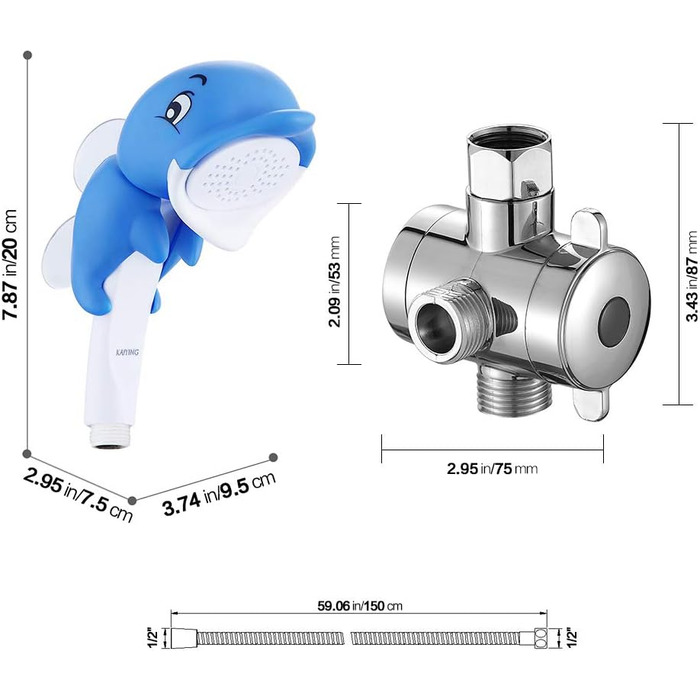 KAIYING Kids Showerheads, Cartoon Water Flow Sprinkler Shower, Shower Attachment for Toddlers, Baby Handheld Shower Head Bathroom Accessories, Kids Shower Attachment (J:Showerhead(Frog)+Hose+Switch Valve) (Dolphin Showerhead Set)