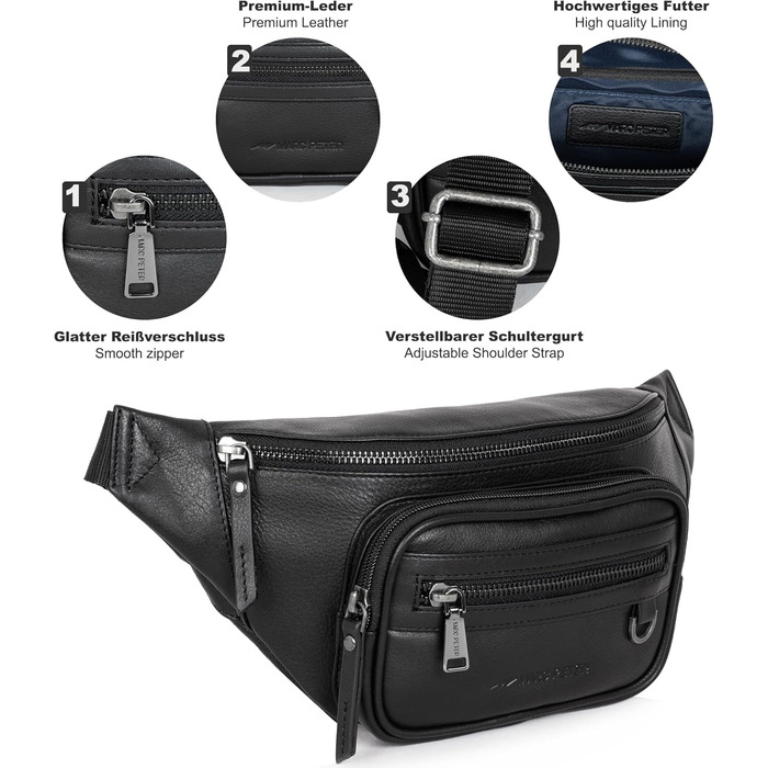 Чоловіча поясна/стегнова сумка Marc Peter® Varadero з натуральної шкіри Наппа, чорна | Сумка на пояс для чоловіків та жінок | Сумка через плече, шкіряна | Hip Bag, Crossbody Bag