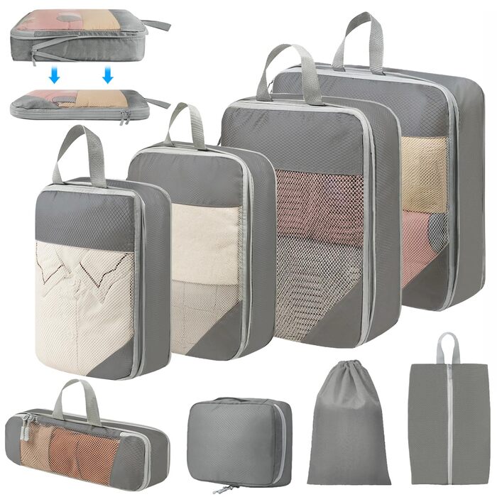 Набір органайзерів для валізи 8 шт., компресійні пакети для подорожей, сірий колір