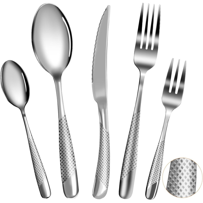 Набір столових приборів на 8 осіб, 40 предметів: ножі, виделки, ложки. Виготовлений з нержавіючої сталі, дзеркально відполірований, придатний для миття в посудомийній машині. Сріблястий колір.