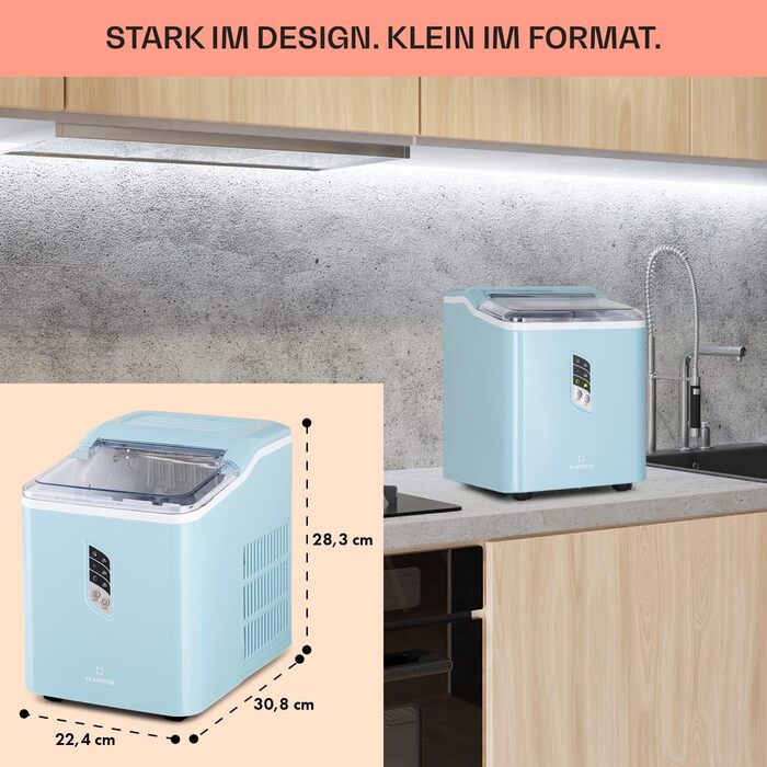 Klarstein Ice Cube Machine Small, Fast Ice Cube Maker, Self-Cleaning Ice Cube Maker, Ice Cube Device for Large and Small Ice Cubes, with Ice Cube Container, 12kg/24h, Capacity 1.5 L (Blue)