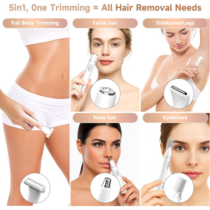 Електричний жіночий інтимо-голений апарат 5-в-1 для обличчя, бікіні-зони, ніг, носа та вух. Бездротовий, для вологого та сухого гоління. Білий.