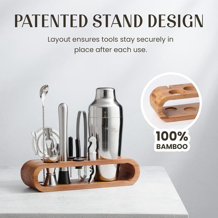Stainless Steel Cocktail Shaker Set - 10 Piece Mixology Set with Bamboo Stand - Silver Bar Accessories Gift Set