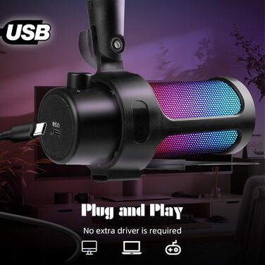 VCOM Gaming Мікрофон з тримачем, USB мікрофон з RGB підсвіткою, поп-фільтром, кнопкою Mute для ПК, подкастів, стрімінгу, YouTube, Mac, PS4, PS5