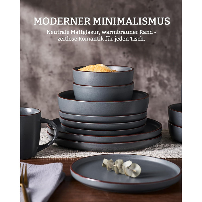 Набір посуду Mercury, 12 предметів: тарілки, супові миски, десертні тарілки, для 4 осіб, з каменю, мікрохвильова піч та посудомийна машина, сірий колір