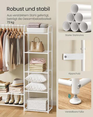 SONGMICS Взуттєва шафа, відкритий гардероб, вішалка для одягу, металева шафа для взуття з полицями, самостійна, 29 x 112 x 158,4 см, матовий білий LGR462W01 112B cm Mattweiß
